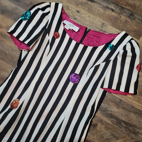 Vintage 70's/80's Lillie Rubin Designer Black and White Sequined Ruffle Dress 14 - Picture 3 of 9